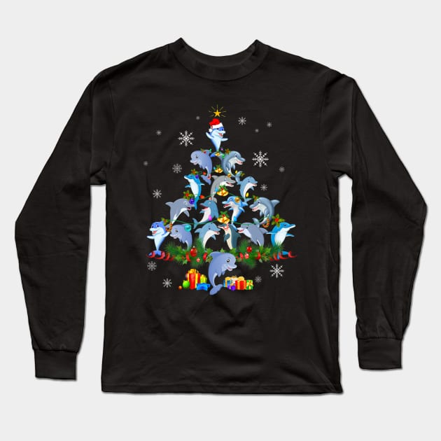 Dolphin Christmas Tree Light Sweater Santa Dolphin Christmas Long Sleeve T-Shirt by Mitsue Kersting